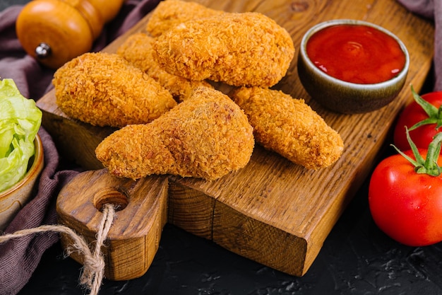 Fried chicken with ketchup on a wooden board