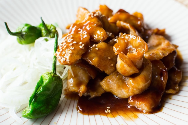 Fried chicken with teriyaki sauce. Japanese original recipe.