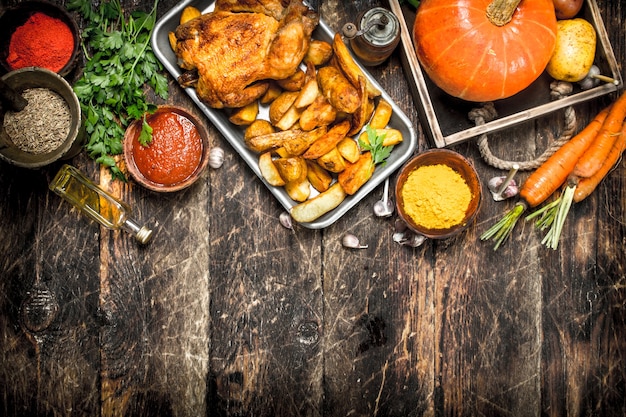 Fried chicken with vegetables and spices on wooden table.