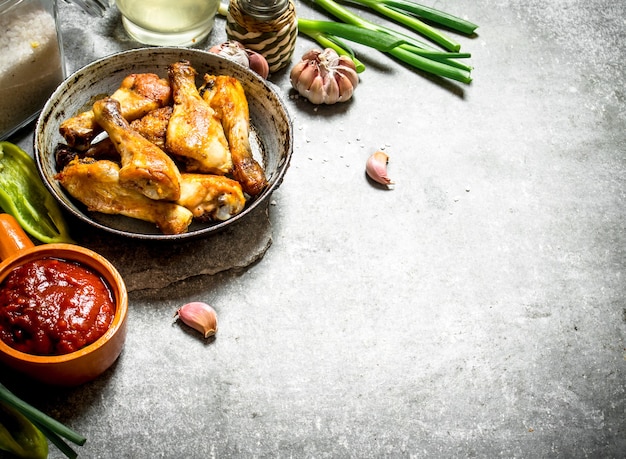 Fried chicken with vegetables and tomato sauce. On a stone background.