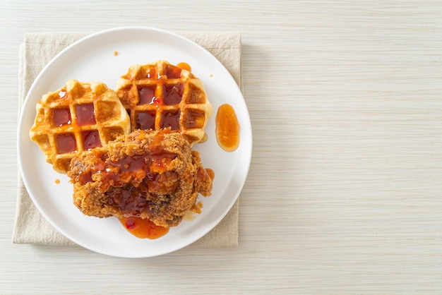 Fried chicken with waffle and spicy sauce