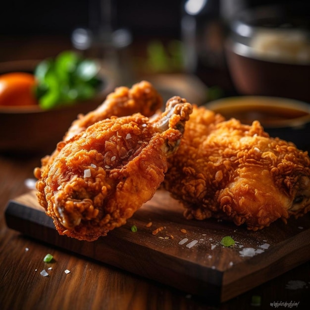 Fried chicken on a wooden board with a bowl of sauce