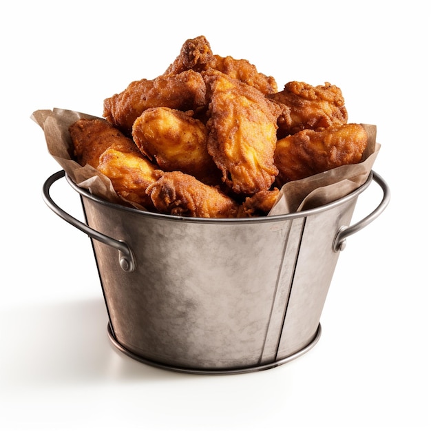 fried chickens in metal bucket isolated on white