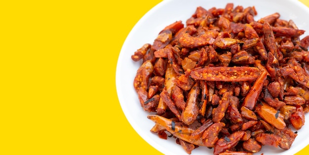 Fried chili spicy snack on white background