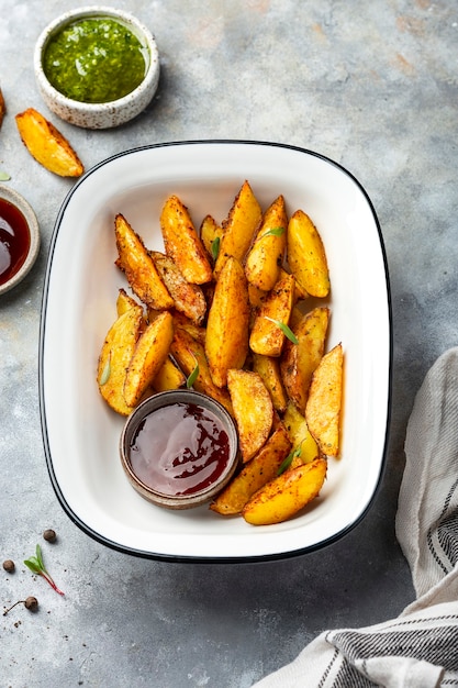 Fried country style potato wedges with spices, salt and\
guacamole on light marble background