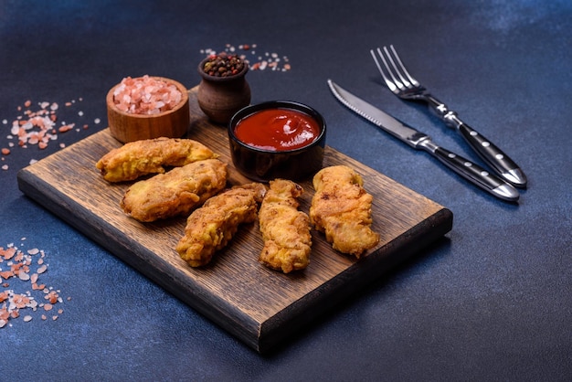 Pepite di pollo croccanti fritte con ketchup su piatto nero su sfondo scuro