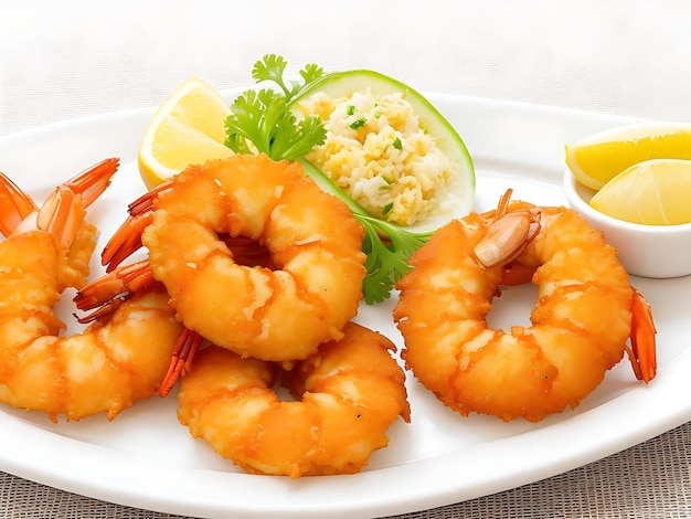 Fried crispy shrimp served with lemon slices lettuce and lemon
