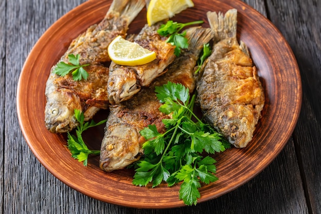 Fried crucian carps with golden crispy crust