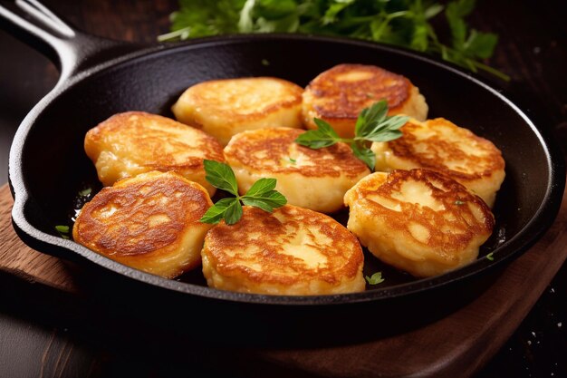Fried curd cheese pancakes in frying pan close up view