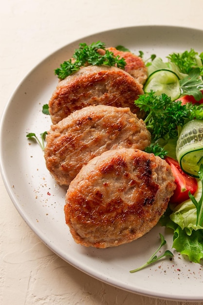 Fried cutlets turkey with vegetable salad top view no people