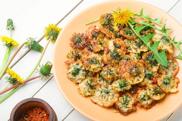 Fried dandelion flowers