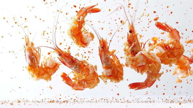 Fried delicious prawns are flying against a clean white backdrop with a big empty space for text or product Generative AI