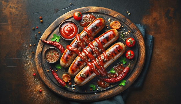 Foto salsicce fritte deliziose con salsa di pomodoro e erbe sulla tavola da taglio