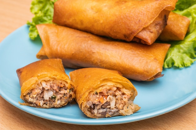 fried dim sum on blue dish