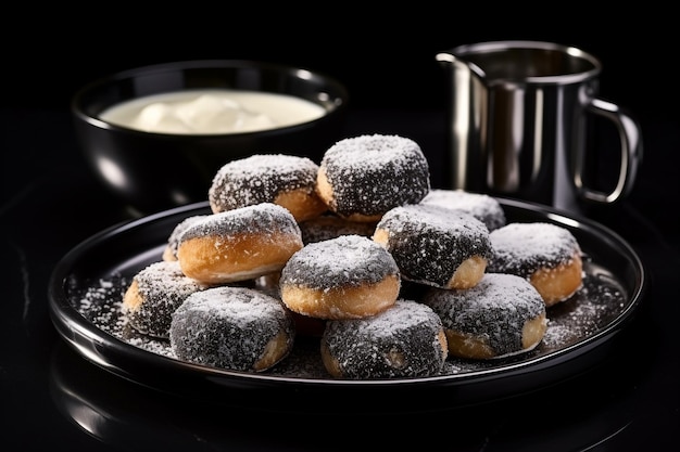 Fried donuts with sugar and cream on a black table