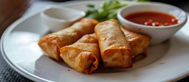 Photo fried duck spring rolls accompanied by soy sauce and sweet chili dip