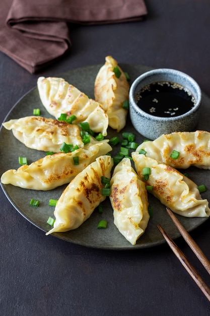 Fried dumplings with soy sauce Gyoza Healthy eating Asian food