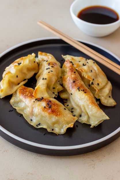 Fried dumplings with soy sauce. Gyoza. Healthy eating. Vegetarian food.