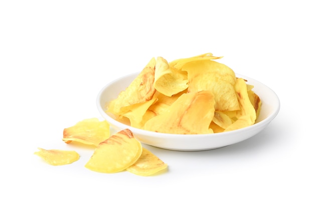 Photo fried durian chips in white plate isolated on white.