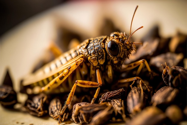 Fried edible insects on a plate Crickets as snack good source of protein Entomophagy insectivory concept Close up view Generative AI