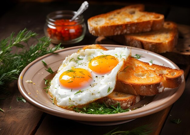 Fried Egg on bread for Breakfast Fried egg with bread on plate over wooden table