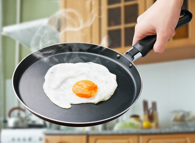 Fried egg in a frying pan on the kitchen