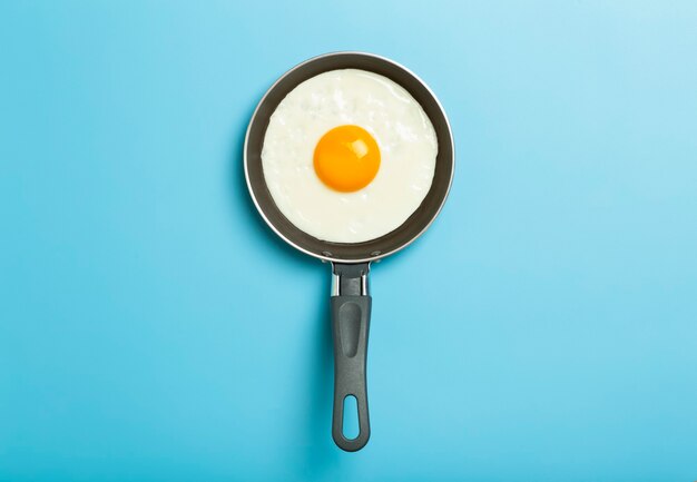 Fried egg is minimal fried egg in a frying pan on an empty blue\
background creative breakfast and fo...