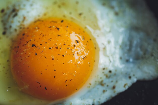 Fried egg on the pan closeup shot