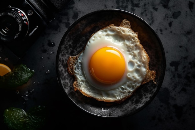 A fried egg on a plate with a toast.