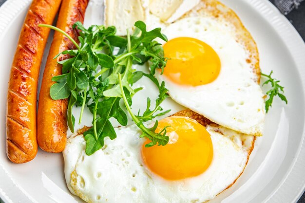 튀긴 계란 소시지 아침 식사 녹색 잎 양상추 arugula 식사 음식 간식 테이블 복사 공간