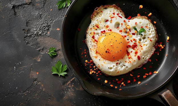 Photo fried egg in the shape of heart in a frying pan on a black background top view