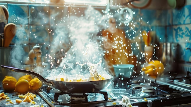 Foto l'uovo fritto sizzles mentre atterra in una padella sizzling di salsa di pomodoro bollente