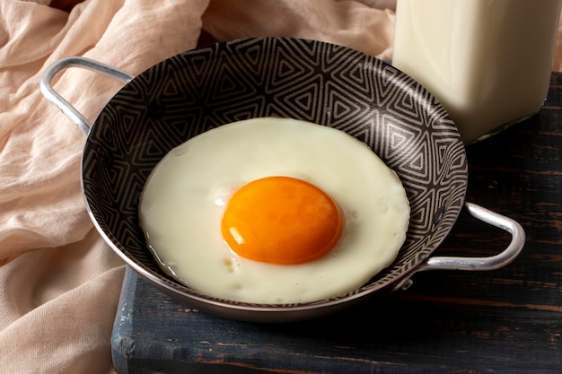 Fried egg in small black saucepan