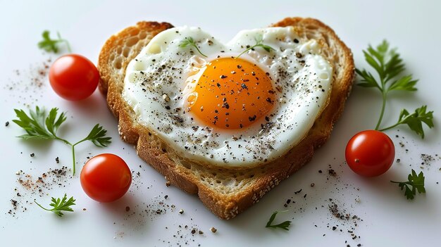 ハートの形をしたトーストに揚げた卵 バレンタインデーの朝食 白い背景