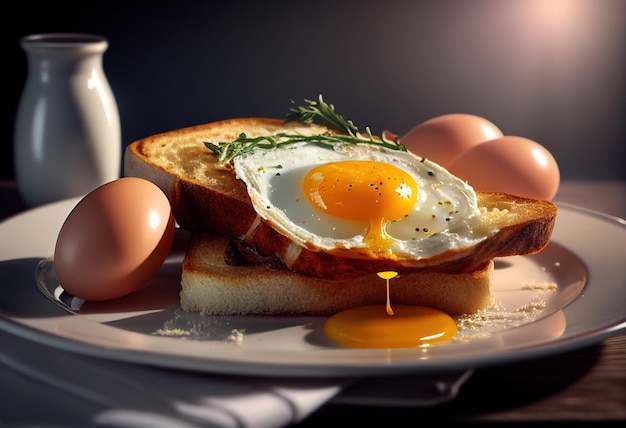 Fried egg on toast with butter and herbs on the wooden table