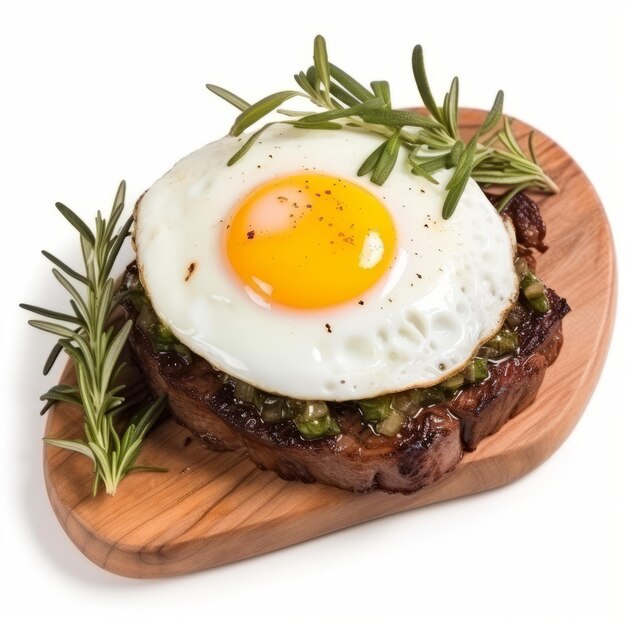 A fried egg on top of a steak on a cutting board