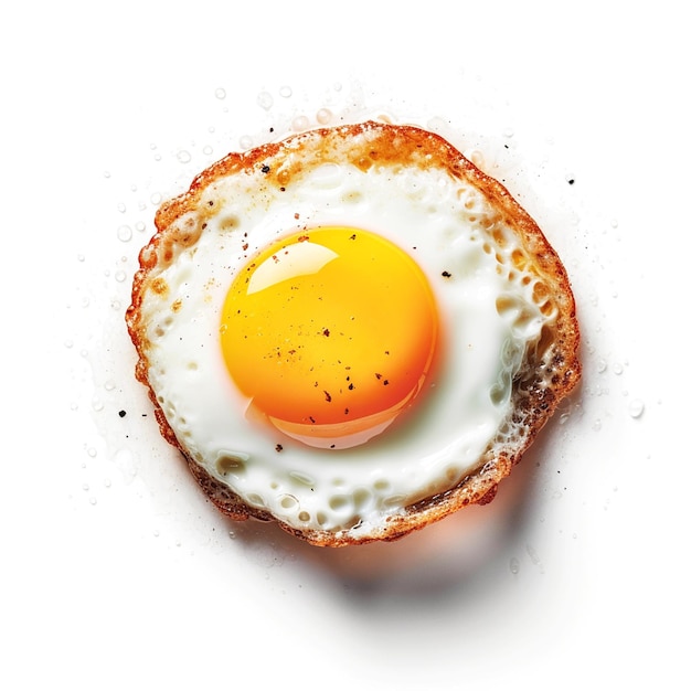 An fried egg top view with a white background