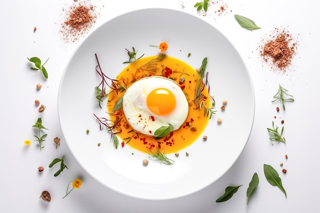 Fried egg on a white plate on white background with garnish generative ai