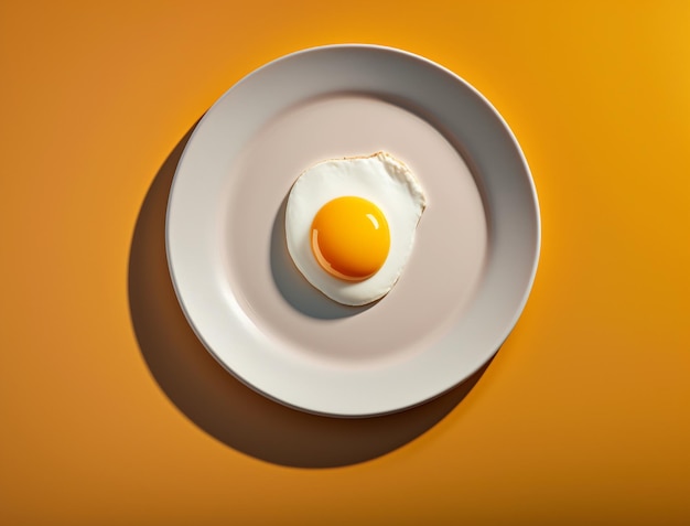 Fried egg on white plate over yellow background Generative AI