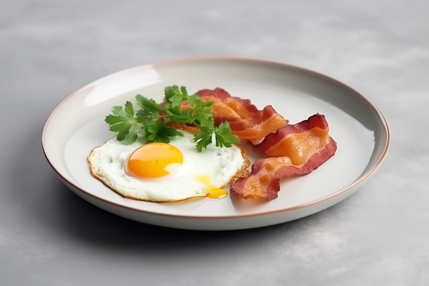 Fried egg with bacon and greenery on white backfround