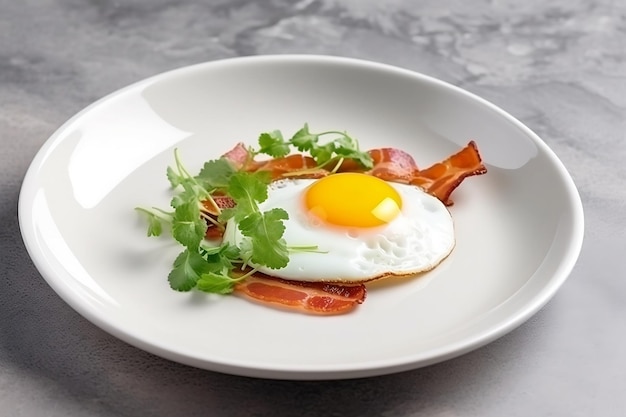 Fried egg with bacon and greenery on white backfround