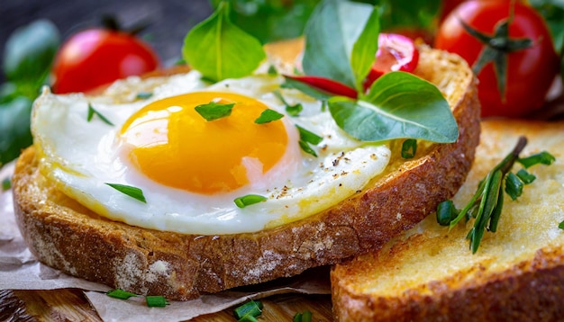 Fried egg with basil leaves on crusty bread Tasty breakfast Delicious food