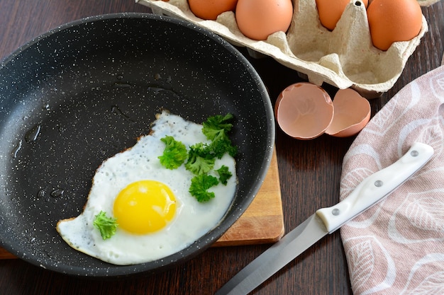 fried egg with egg yolk on frying pan, close-up