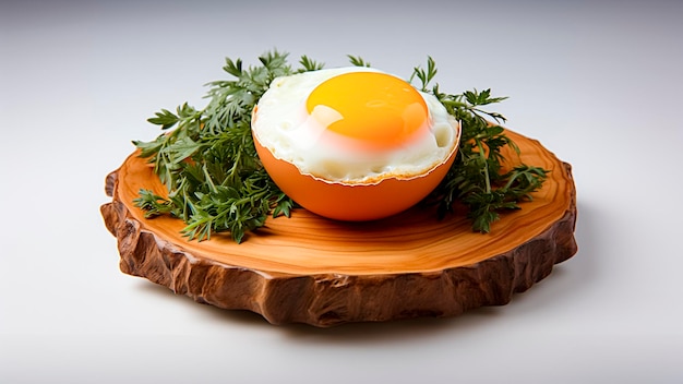 Photo a fried egg with herbs in an eggshell on a wooden board healthy breakfast rustic style