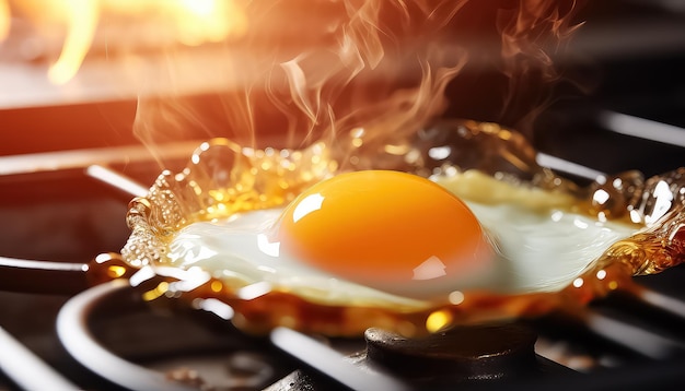 Fried egg with smoke closeup