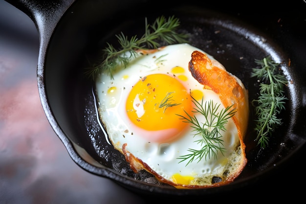 A fried egg with a sprig of dill on top