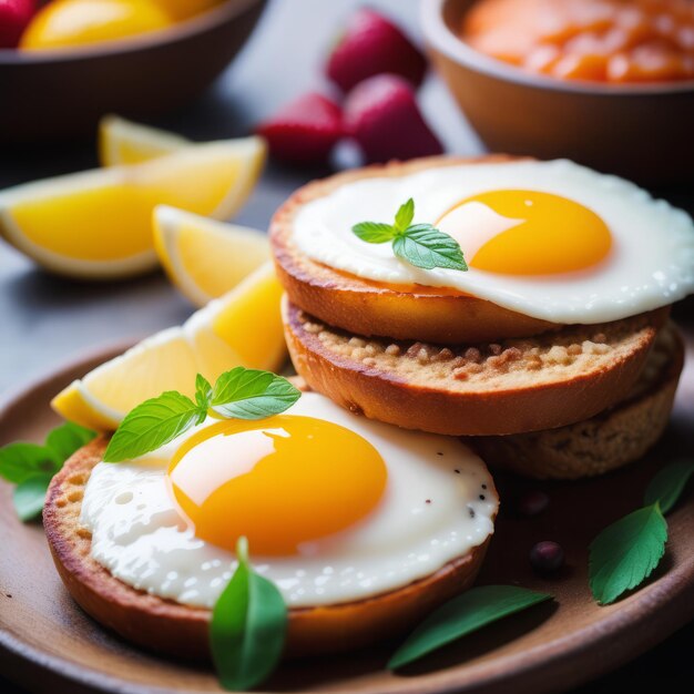 Photo fried egg with toastfried egg with toastfried eggs with bacon herbs and tomatoes