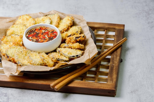 Fried eggplant serve with soy sauce