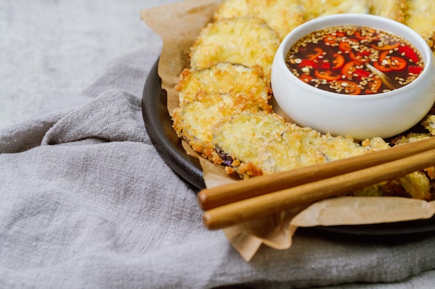 Fried eggplant serve with soy sauce