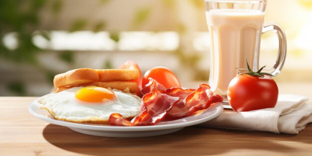 Photo fried eggs and bacon breakfast generative ai